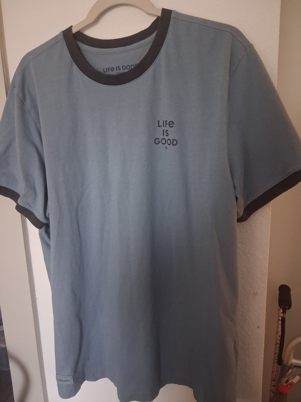 Life Is Good Men’s Slate Blue Ringer Tee with Dark Trim